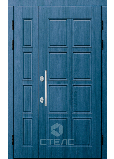 Входная металлическая дверь в дом / квартиру МДФ с боковой вставкой синяя, толщина металла на выбор фото