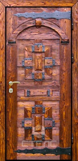 Дверь входная  из массива сосны в загородный котедж шпон, патина фото