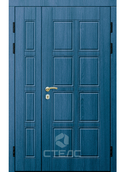 Железная входнаяуличная двустворчатая  дверь синяя с боковой вставкой 2-К утеплённая фото