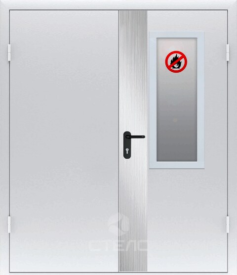 Металлическая дверь 437-417 огнестойкая равнопольная EI-30 + Стекло противопожарное (среднее) + Декоративный отбойник (вертикальный) фото
