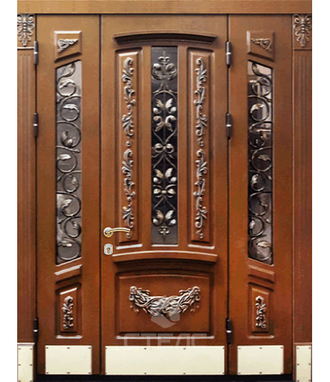 Дверь  металлическая входная парадная из массива дуба с двумя вставками в дом  сейфовые замки фото