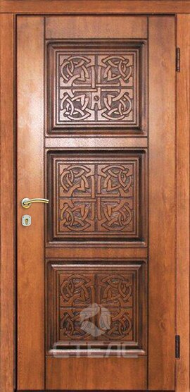 Стальная входная дверь Каскад Элит Орех МДФ в квартиру с терморазрывом + Резьба + Патина фото