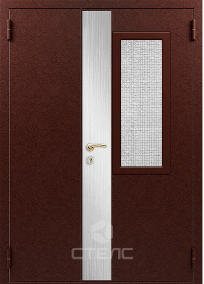 Металлическая для технических помещений дверь 960-439 с полимерным напылением с боковой вставкой 3-К с шумоизоляцией + с армированным противопожарным остеклением+ Декоративный отбойник (вертикальный) фото