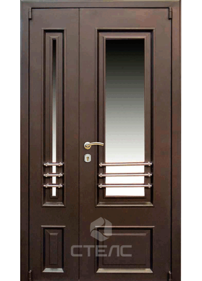 Железная входная дверь  в коттедж прошковая с боковой вставкой 3-К с шумоизоляцией + Ковка + Стеклопакет (средний) (2 шт.) фото