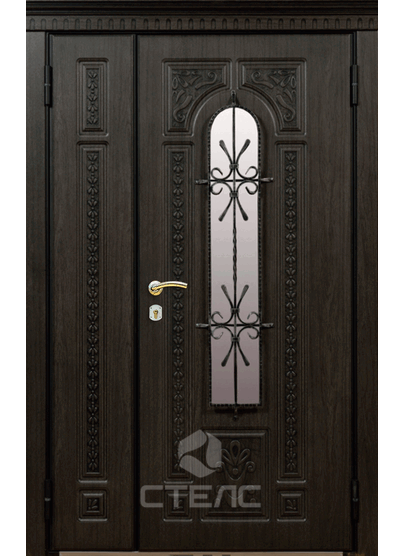 Дверь входная дубовая парадная двустворчатая из массива со стеклопакетом в дом— Артикул 952-697 фото