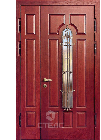 Металлическая входная дверь ММПС- 734-481 с МДФ 3-К с шумоизоляцией + Стеклопакет большой + Ковка фото