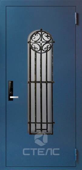 Металлическая входная  дверь 398-326 с порошком + стеклопакет и ковка 3-К с шумоизоляцией + Ковка + Стеклопакет (средний) фото