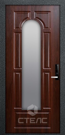 Входная  металлическая дверь в коттедж  порошковая с ковкой и стеклом трехконтурная с шумоизоляцией + Ковка + Стеклопакет (средний) фото