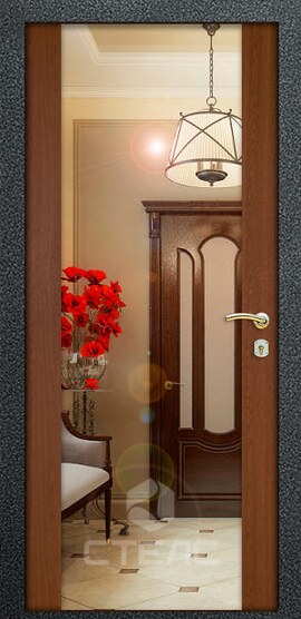 Металлическая входная дверь Барьер Орех ПЗ- 907-147 с панелью МДФ-ПВХ с 2-х сторон (с зеркалом) 2-К утеплённая + Зеркало (большое) фото