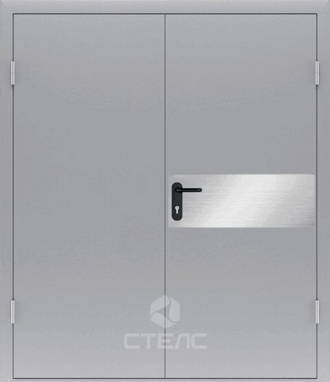 Металлическая для технических помещений дверь 487-729 Противопожарная равнопольная двустворчатая EI-30 + Декоративный отбойник (посередине) фото