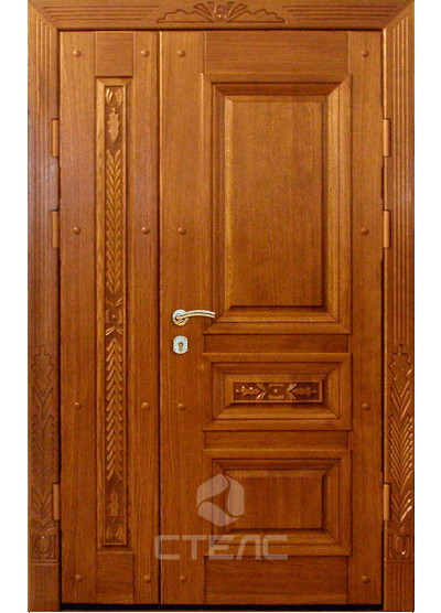 Железная входная  дверь с отделкой массив дуба с двух сторон для частных домов + резьба фото