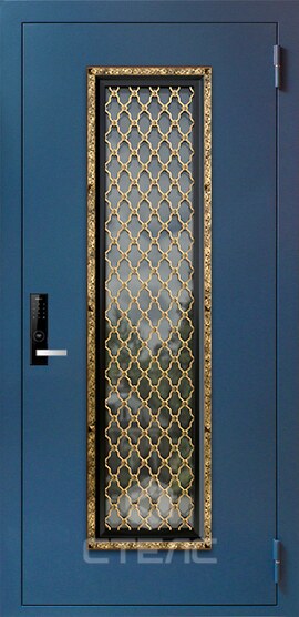 Дверь входная  873-693 порошковая с ПВХ 2-К утеплённая + Стеклопакет большой + Ковка + Кованная рамка фото
