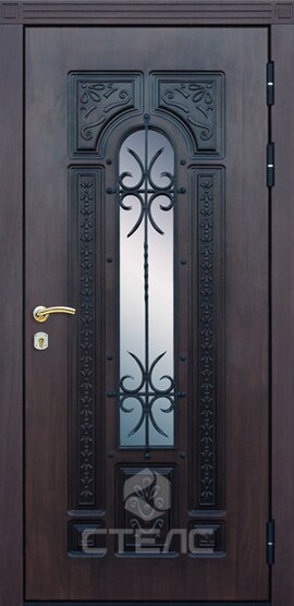 Входная дверь Агата Brown/White Double МДСК- 843-394 декорированная для загородного дома + Ковка + Резьба + Стеклопакет (средний) фото