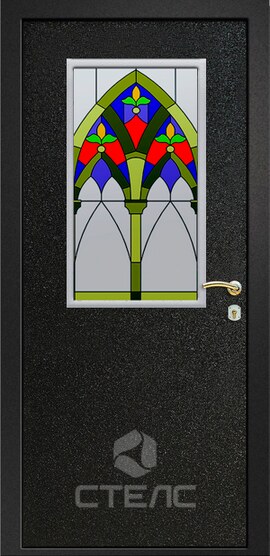 Входная квартирная дверь 040-549 с полимерным покрасом + маленький витраж 2-К утеплённая + Витраж маленький фото