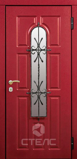 Дверь входная Мадрид Red Doubleв квартиру/ дом с фрезерованным МДФ 2-К утеплённая + Ковка + Стеклопакет фото