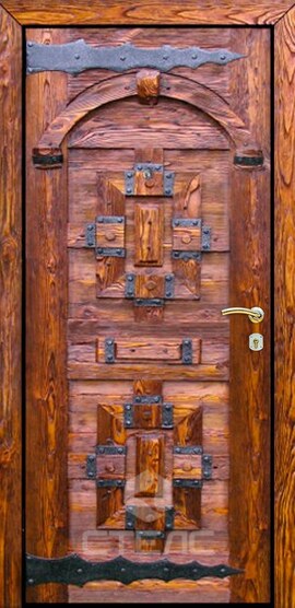 Дверь входная  из массива сосны в загородный котедж шпон, патина фото