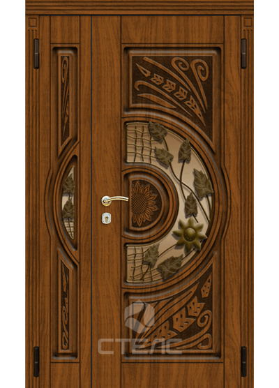 Входная  металлическая дверь в коттедж МДФ с обеих сторон парадная с шумоизоляцией + Стеклопакет + Ковка  + Резьба фото