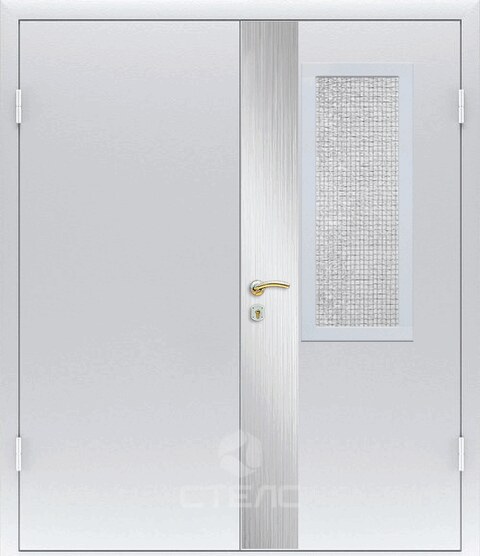 Железная входная дверь 477-925 порошковая равнопольная  двустворчатая  + Армированное стекло (Среднее) + Декоративный отбойник (вертикальный) фото