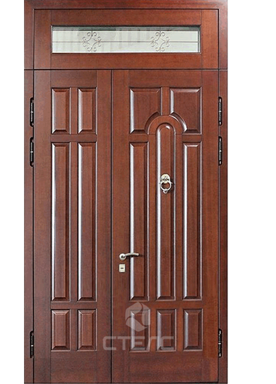 Дверь  металлическая входная в коттедж / квартиру из МДФ Лев + Верхняя фрамуга (остекленная) фото