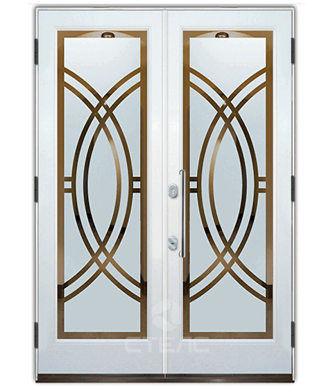 Входная металлическая дверь в дом равностворчатая порошковая 2-К утеплённая + Витраж большой фото