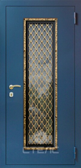 Дверь входная 329-494 порошковая с ПВХ 2-К утеплённая + Стеклопакет большой + Ковка + Кованная рамка фото