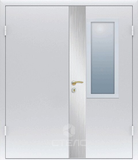 Металлическая входная дверь 768-199 порошковая равнопольная 2-К утеплённая + Стеклопакет (средний) + Декоративный отбойник (вертикальный) фото