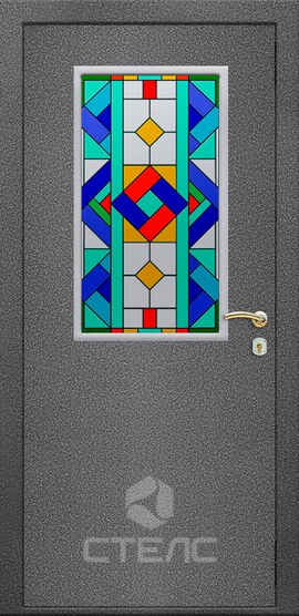 Металлическая квартирная дверь 495-681 с порошковым напылением и маленьким витражом 2-К утеплённая + Витраж маленький фото