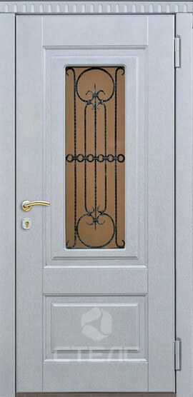 Стальная входная дверь Сорренто  в квартиру  белая  МДФ с терморазрывом + Ковка + Стеклопакет (средний) фото
