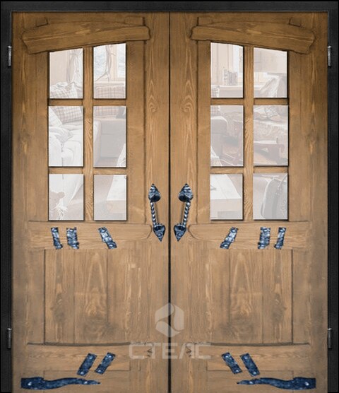 Равнопольная стальная парадная дверь из  дерева (сосны)  двустворчатая  в бревенчатый дом, с патинированием фото