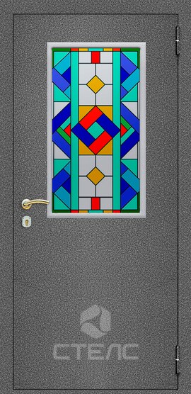 Металлическая квартирная дверь 495-681 с порошковым напылением и маленьким витражом 2-К утеплённая + Витраж маленький фото
