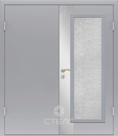 Металлическая входная дверь 006-855 порошковая равнопольная 3-К с шумоизоляцией + Армированное стекло (Большое) + Декоративный отбойник (вертикальный) фото