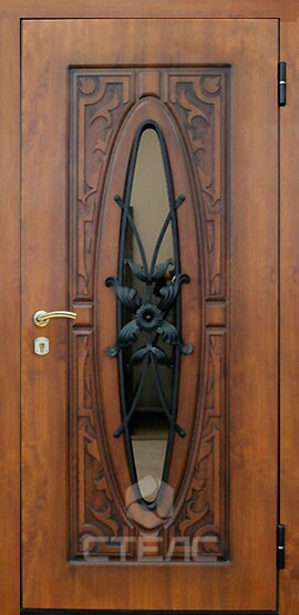 Дверь входная Aragona Орех Double МДСК- 231-548 МДФ 2-К утеплённая + Ковка + Резьба + Стеклопакет (средний) фото