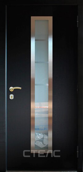 Металлическая входная дверь Lauters Black Double МДС- 303-261 с покрытием МДФ 2-К с терморазрывом + Стеклопакет большой + Нержавеющая полоса фото