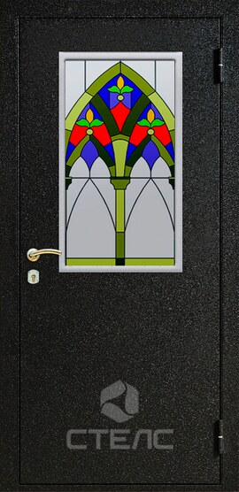 Входная квартирная дверь 040-549 с полимерным покрасом + маленький витраж 2-К утеплённая + Витраж маленький фото