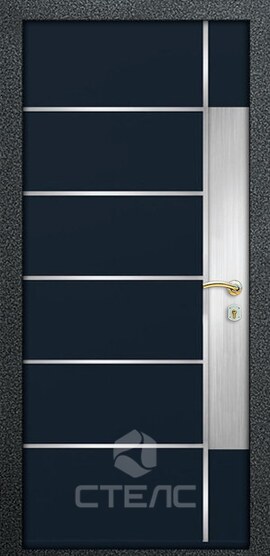 Стальная входная дверь Таллин Blue Double МДМ- 609-652 с МДФ накладкой 2-К утеплённая + Нержавеющая полоса + Молдинг фото