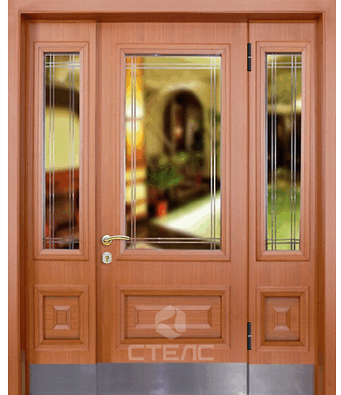Стальная входная дверь в коттедж с двумя вставками 2-К утеплённая + Стеклопакет большой + Отбойник + Стеклопакет (средний) (2 шт.) фото